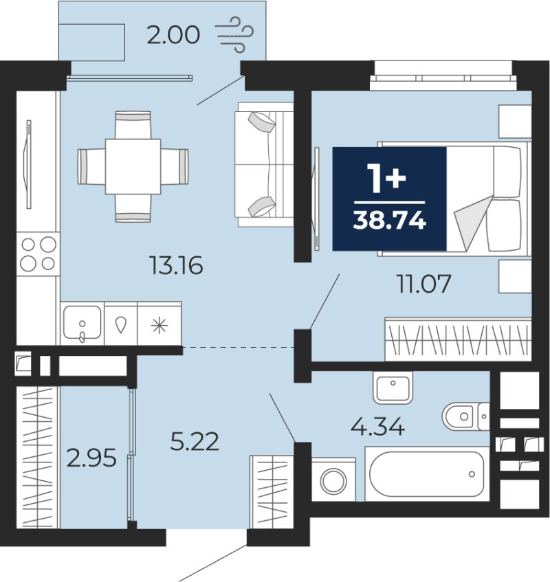 Планировка 1-комн. квартира, 37.3 м² — ЖК «Беринг»