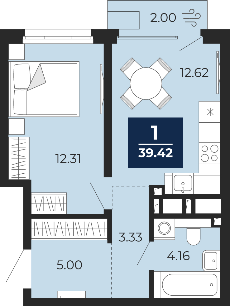 Планировка 1-комн. квартира, 38 м² — ЖК «Беринг»
