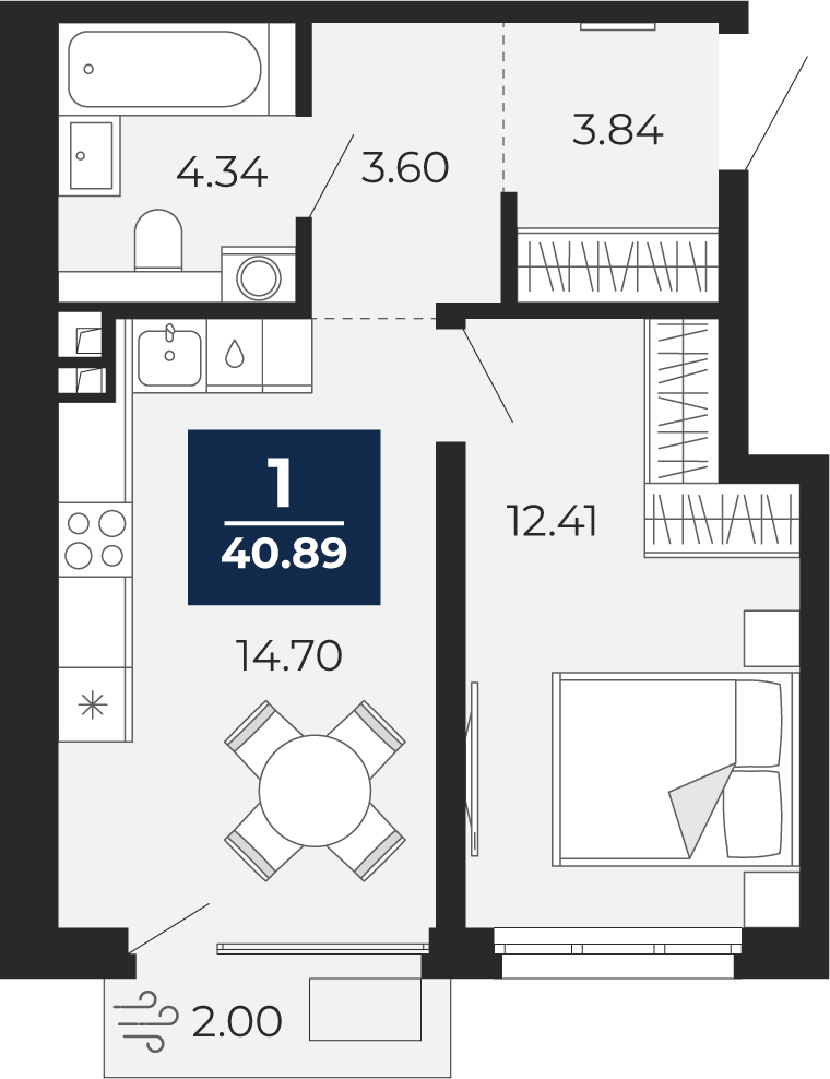 Планировка 1-комн. квартира, 39.5 м² — ЖК «Беринг»