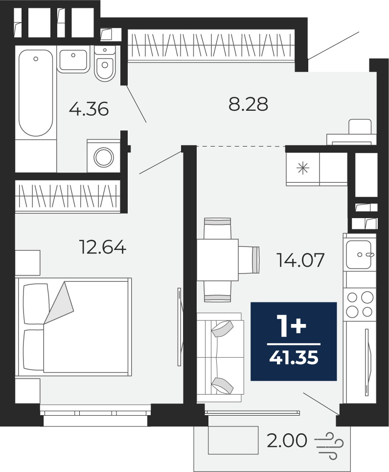 Планировка 1-комн. квартира, 40 м² — ЖК «Беринг»
