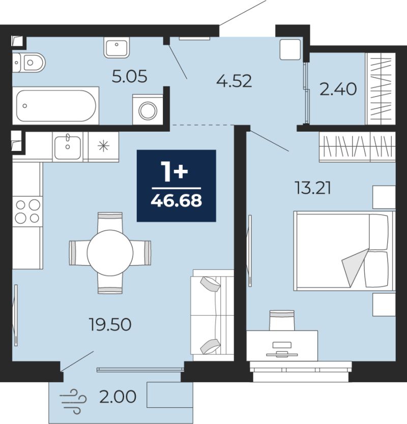 Планировка 1-комн. квартира, 45.3 м² — ЖК «Беринг»