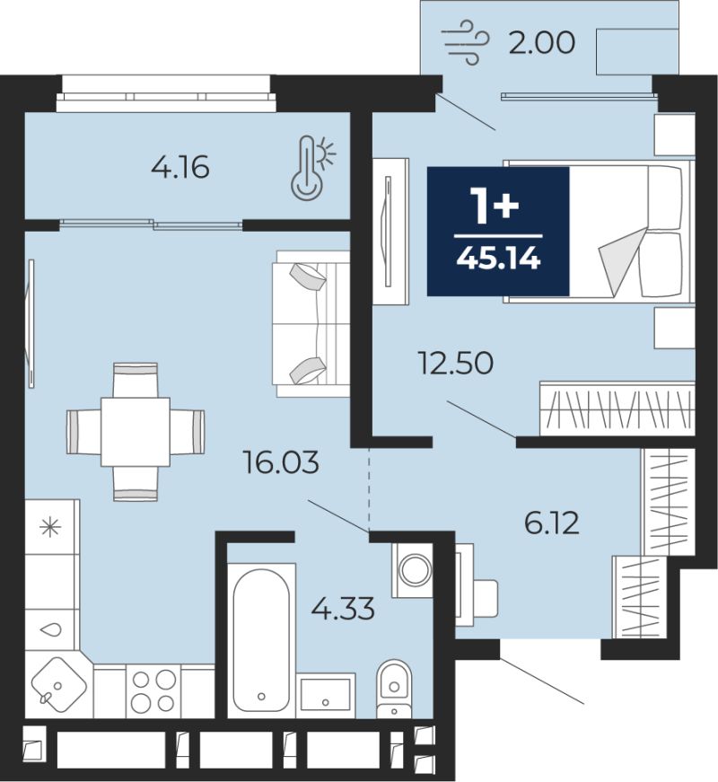 Планировка 1-комн. квартира, 43.7 м² — ЖК «Беринг»