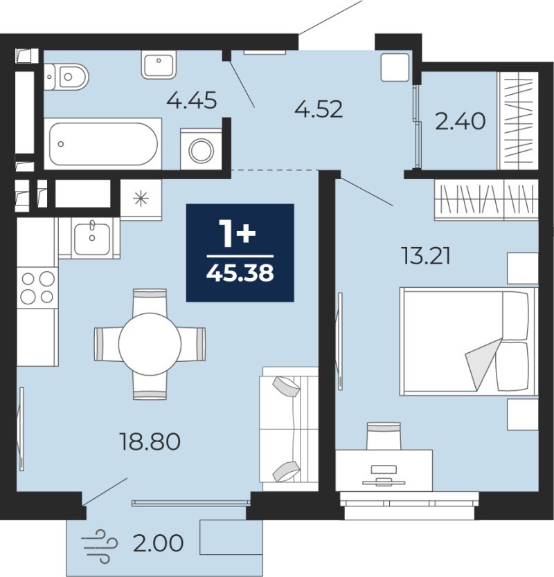 Планировка 1-комн. квартира, 44 м² — ЖК «Беринг»