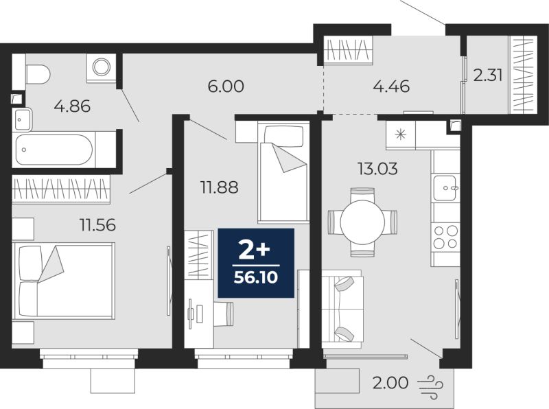 Планировка 2-комн. квартира, 54.7 м² — ЖК «Беринг»