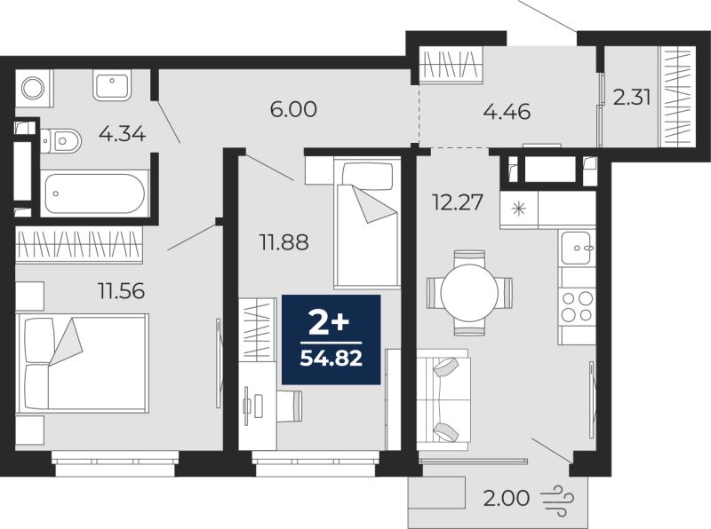 Планировка 2-комн. квартира, 53.4 м² — ЖК «Беринг»