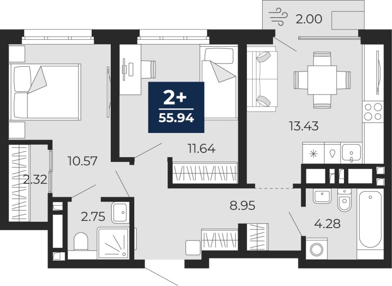 Планировка 2-комн. квартира, 54.5 м² — ЖК «Беринг»