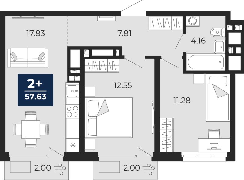 Планировка 2-комн. квартира, 54.8 м² — ЖК «Беринг»