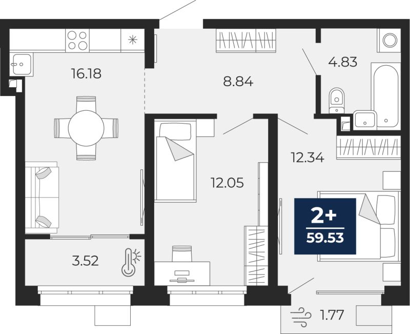 Планировка 2-комн. квартира, 58.3 м² — ЖК «Беринг»
