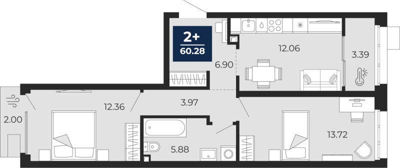 Планировка 2-комн. квартира, 58.9 м² — ЖК «Беринг»