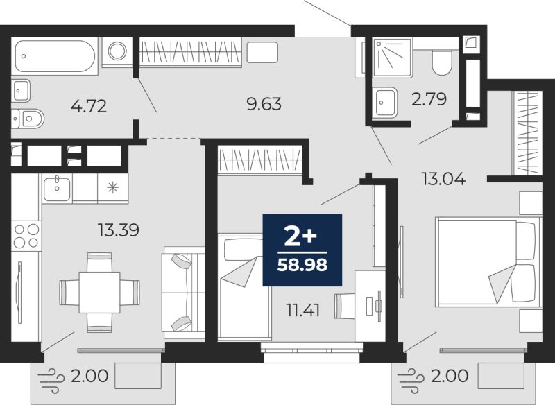 Планировка 2-комн. квартира, 56.2 м² — ЖК «Беринг»