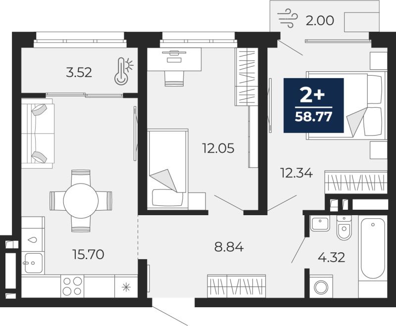 Планировка 2-комн. квартира, 57.4 м² — ЖК «Беринг»