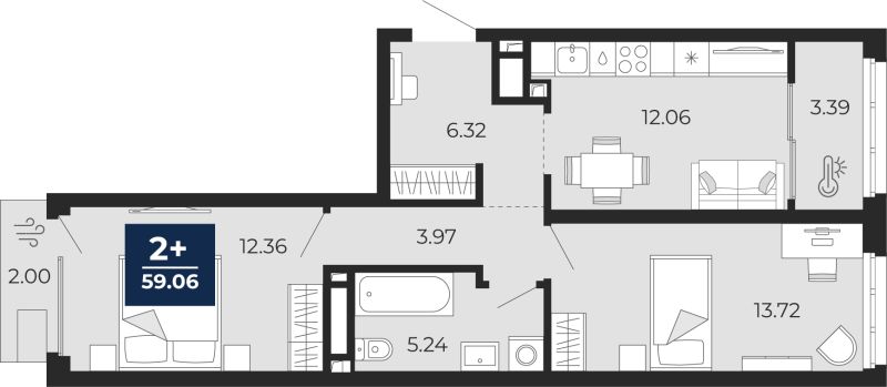 Планировка 2-комн. квартира, 57.7 м² — ЖК «Беринг»