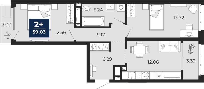 Планировка 2-комн. квартира, 57.6 м² — ЖК «Беринг»