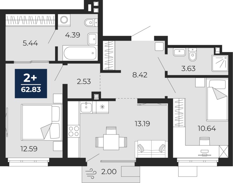 Планировка 2-комн. квартира, 61.4 м² — ЖК «Беринг»