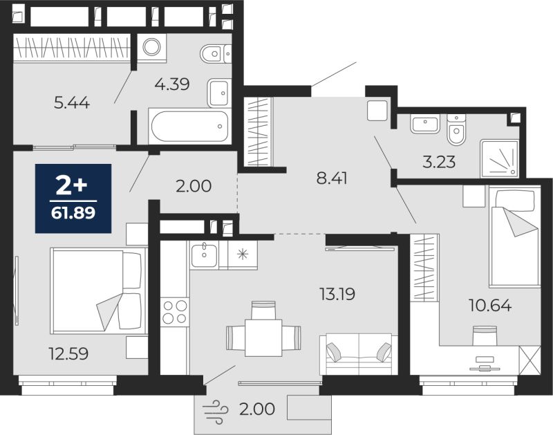 Планировка 2-комн. квартира, 60.5 м² — ЖК «Беринг»