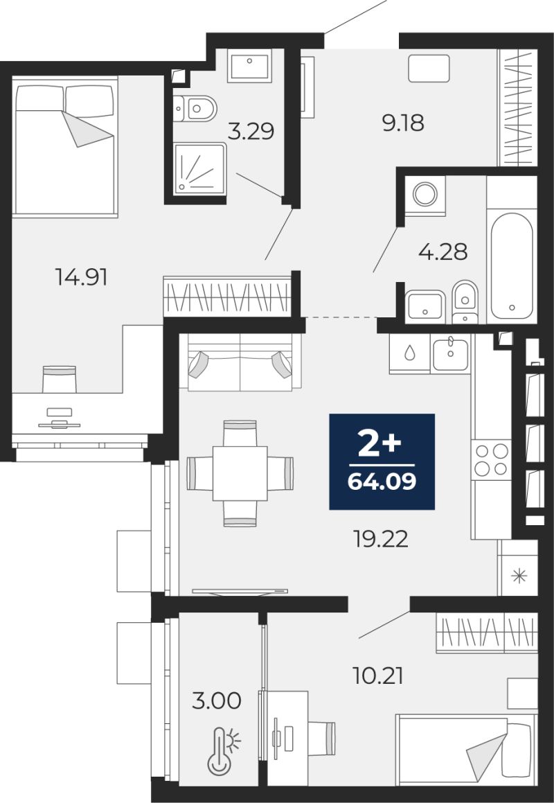 Планировка 2-комн. квартира, 64.1 м² — ЖК «Беринг»