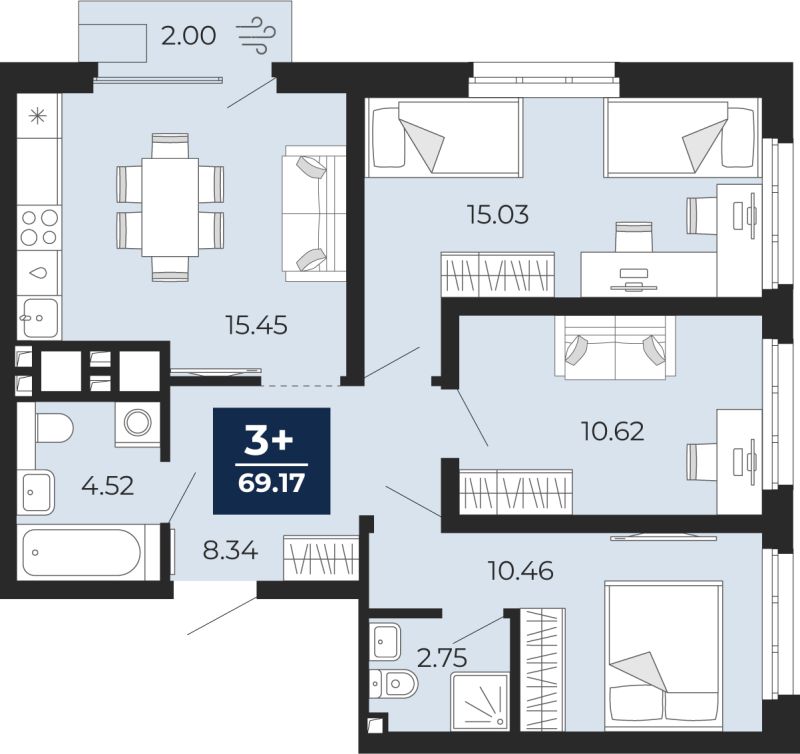 Планировка 3-комн. квартира, 67.8 м² — ЖК «Беринг»