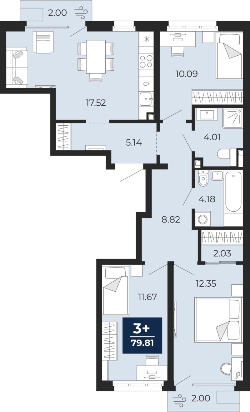 Планировка 3-комн. квартира, 77 м² — ЖК «Беринг»