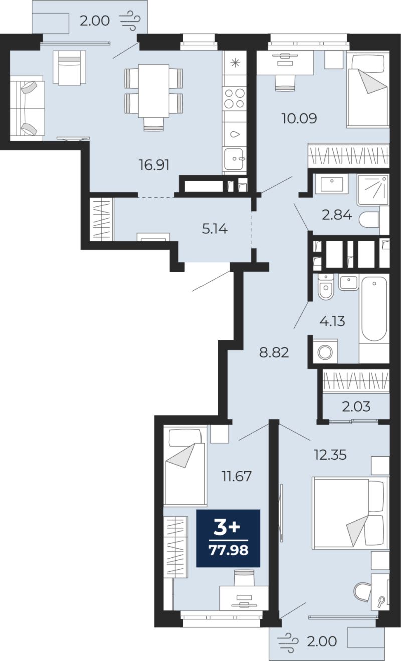 Планировка 3-комн. квартира, 75.2 м² — ЖК «Беринг»