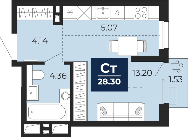 Планировка 1-комн. квартира, 28.3 м² — ЖК «Беринг»