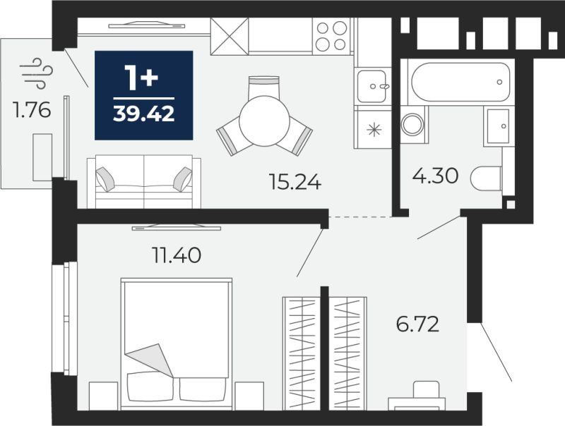 Планировка 1-комн. квартира, 39.4 м² — ЖК «Беринг»