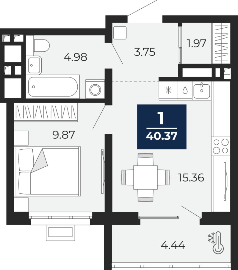 Планировка 1-комн. квартира, 40.4 м² — ЖК «Беринг»