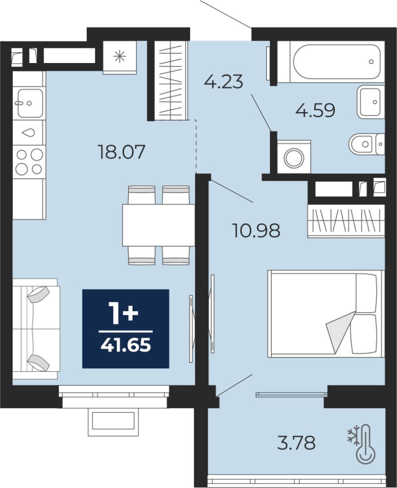 Планировка 1-комн. квартира, 41.6 м² — ЖК «Беринг»