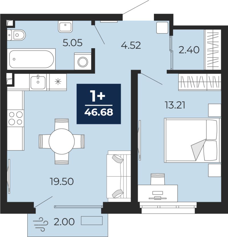 Планировка 1-комн. квартира, 46.7 м² — ЖК «Беринг»
