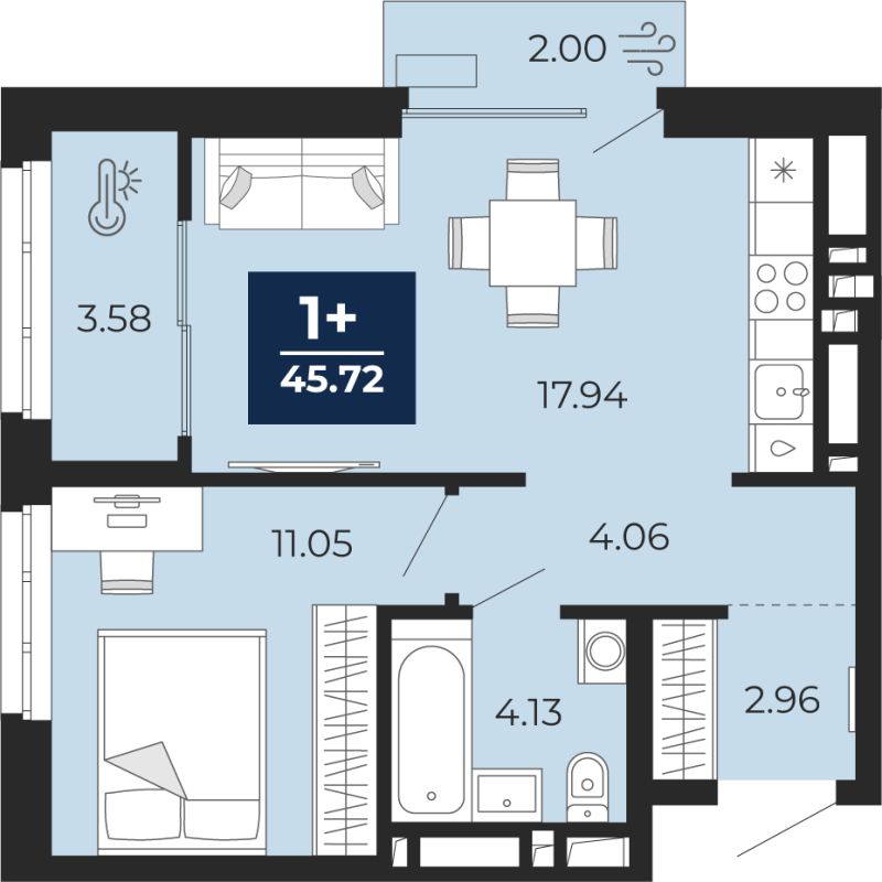 Планировка 1-комн. квартира, 45.7 м² — ЖК «Беринг»