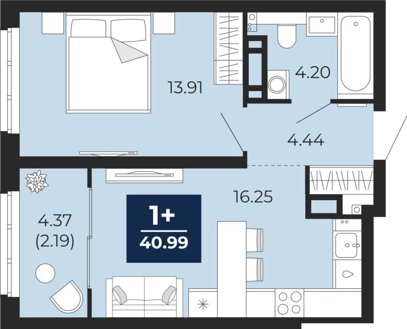 Планировка 1-комн. квартира, 43.2 м² — ЖК «Беринг»