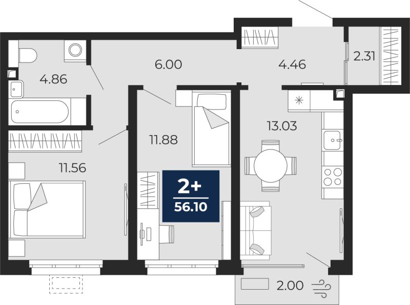 Планировка 2-комн. квартира, 56.1 м² — ЖК «Беринг»