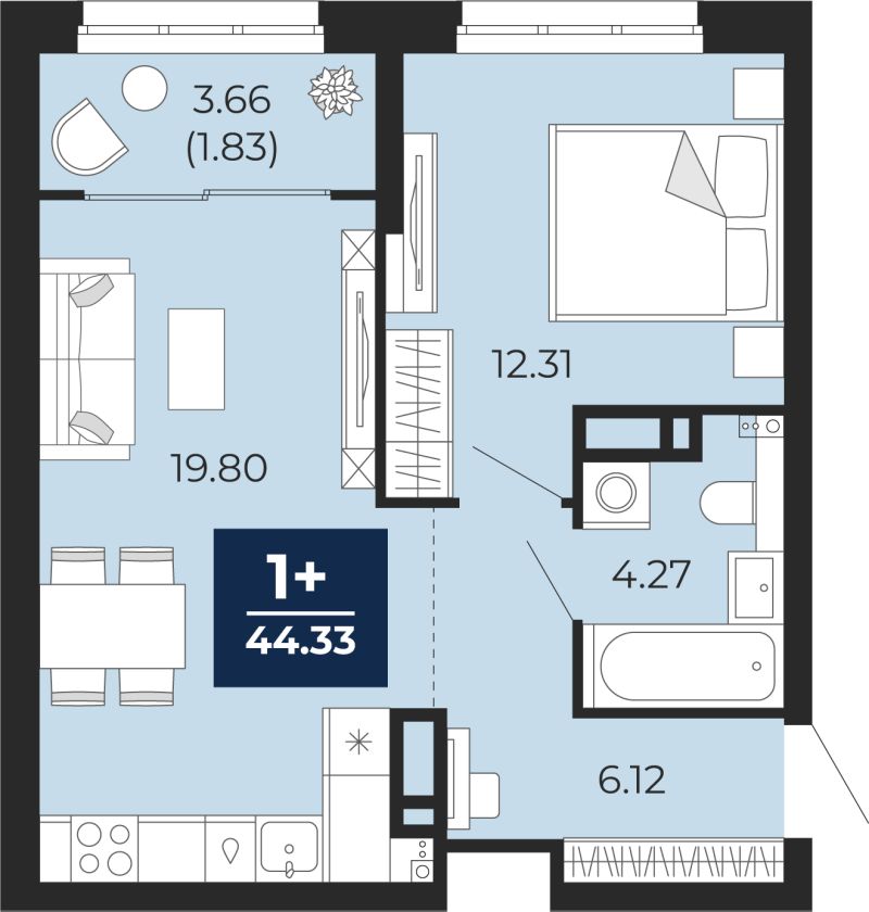 Планировка 1-комн. квартира, 46.2 м² — ЖК «Беринг»