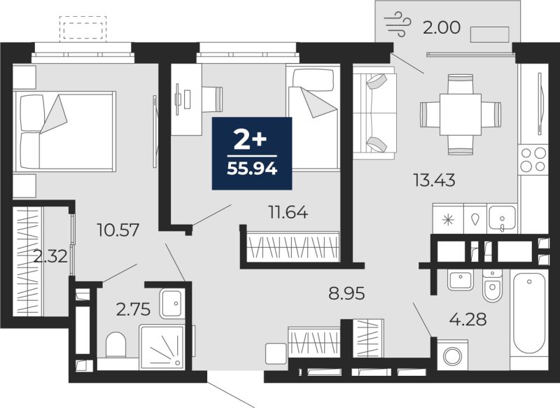 Планировка 2-комн. квартира, 55.9 м² — ЖК «Беринг»