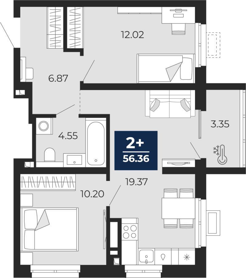 Планировка 2-комн. квартира, 56.4 м² — ЖК «Беринг»