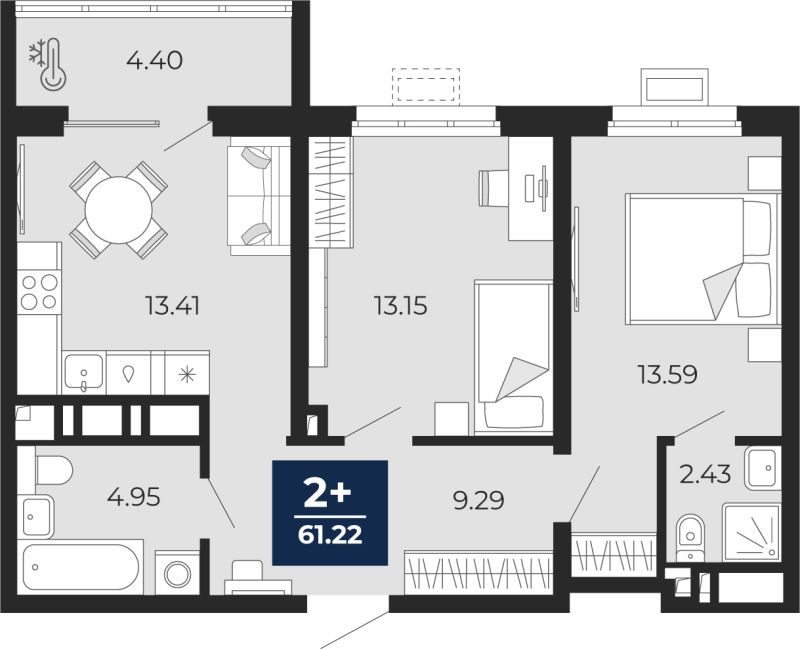 Планировка 2-комн. квартира, 61.2 м² — ЖК «Беринг»
