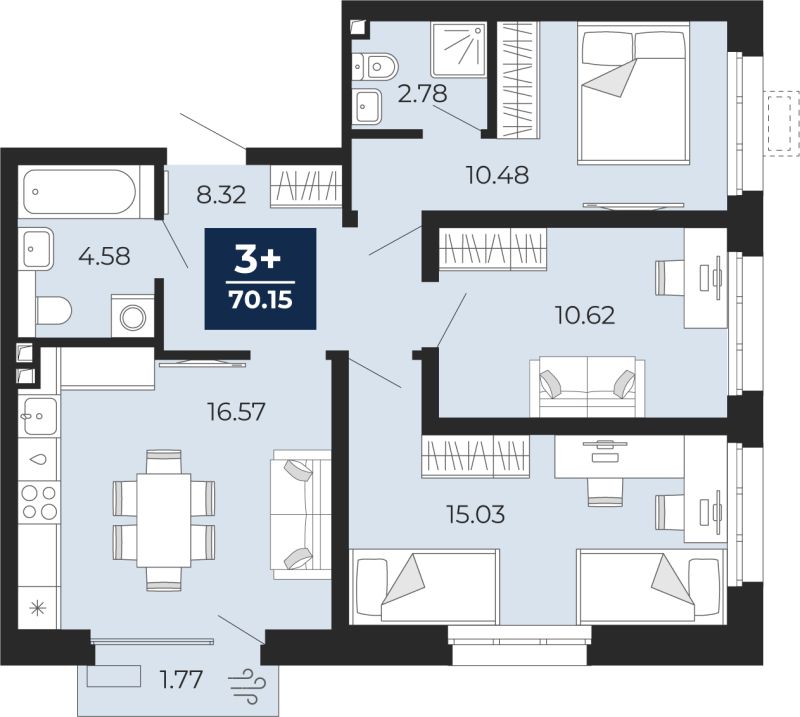 Планировка 3-комн. квартира, 70.2 м² — ЖК «Беринг»