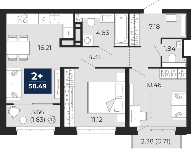 Планировка 2-комн. квартира, 62 м² — ЖК «Беринг»