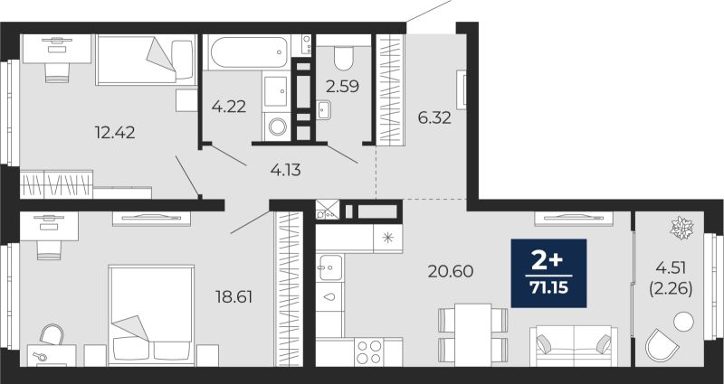 Планировка 2-комн. квартира, 73.4 м² — ЖК «Беринг»