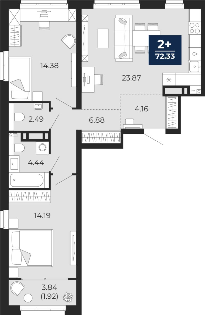 Планировка 2-комн. квартира, 74.2 м² — ЖК «Беринг»