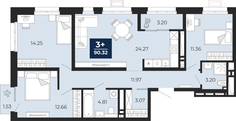 Планировка 3-комн. квартира, 90.3 м² — ЖК «Беринг»