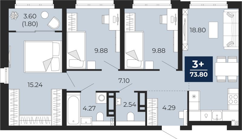 Планировка 3-комн. квартира, 75.6 м² — ЖК «Беринг»