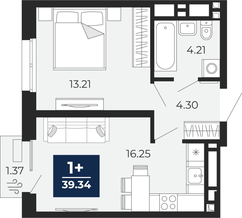 Планировка 1-комн. квартира, 39.3 м² — ЖК «Беринг»