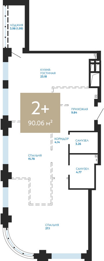 Планировка 2-комн. квартира, 90.1 м² — ЖК «Айвазовский»