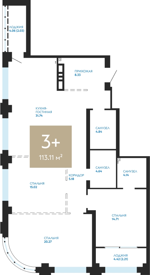 Планировка 3-комн. квартира, 113.1 м² — ЖК «Айвазовский»