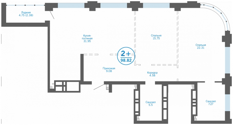 Планировка 2-комн. квартира, 98.8 м² — ЖК «Айвазовский»