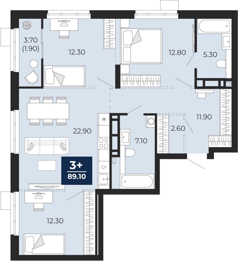 Планировка 3-комн. квартира, 89.1 м² — ЖК «Айвазовский»