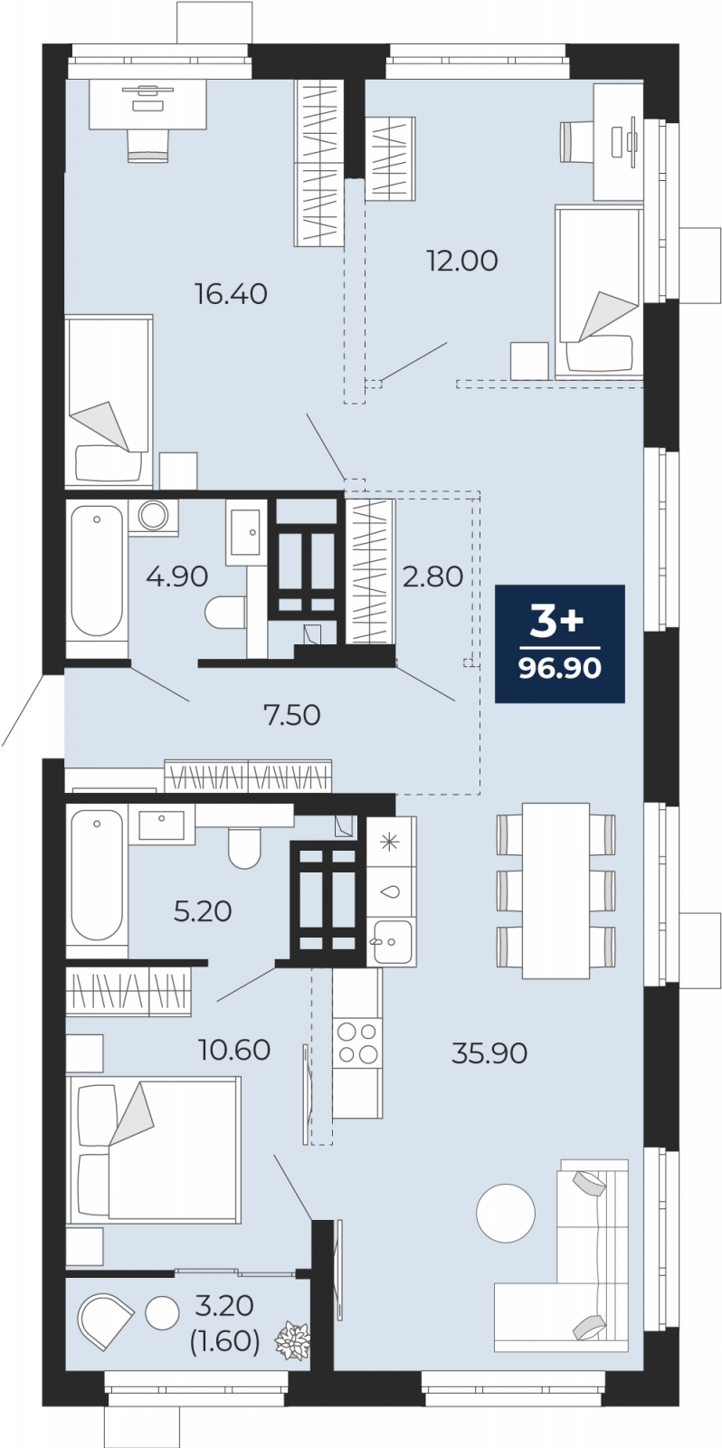 Планировка 3-комн. квартира, 96.9 м² — ЖК «Айвазовский»