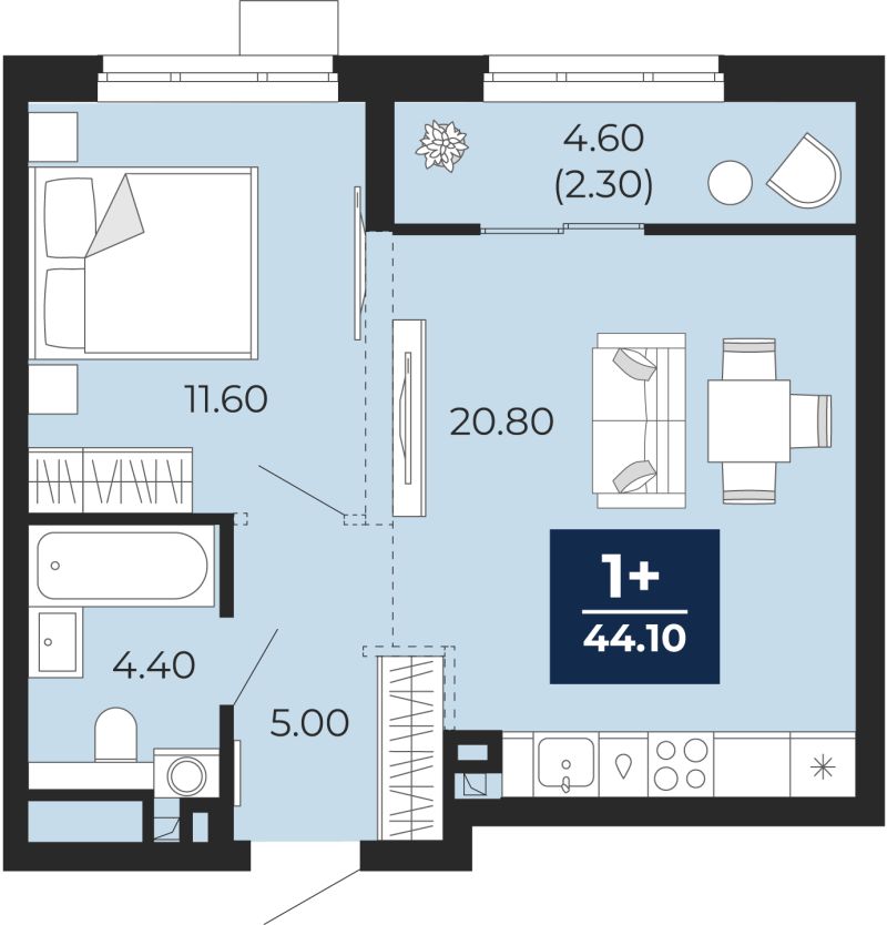 Планировка 1-комн. квартира, 44.1 м² — ЖК «Айвазовский»