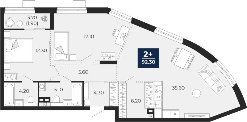 Планировка 2-комн. квартира, 92.3 м² — ЖК «Айвазовский»