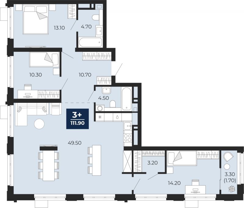 Планировка 3-комн. квартира, 111.9 м² — ЖК «Айвазовский»